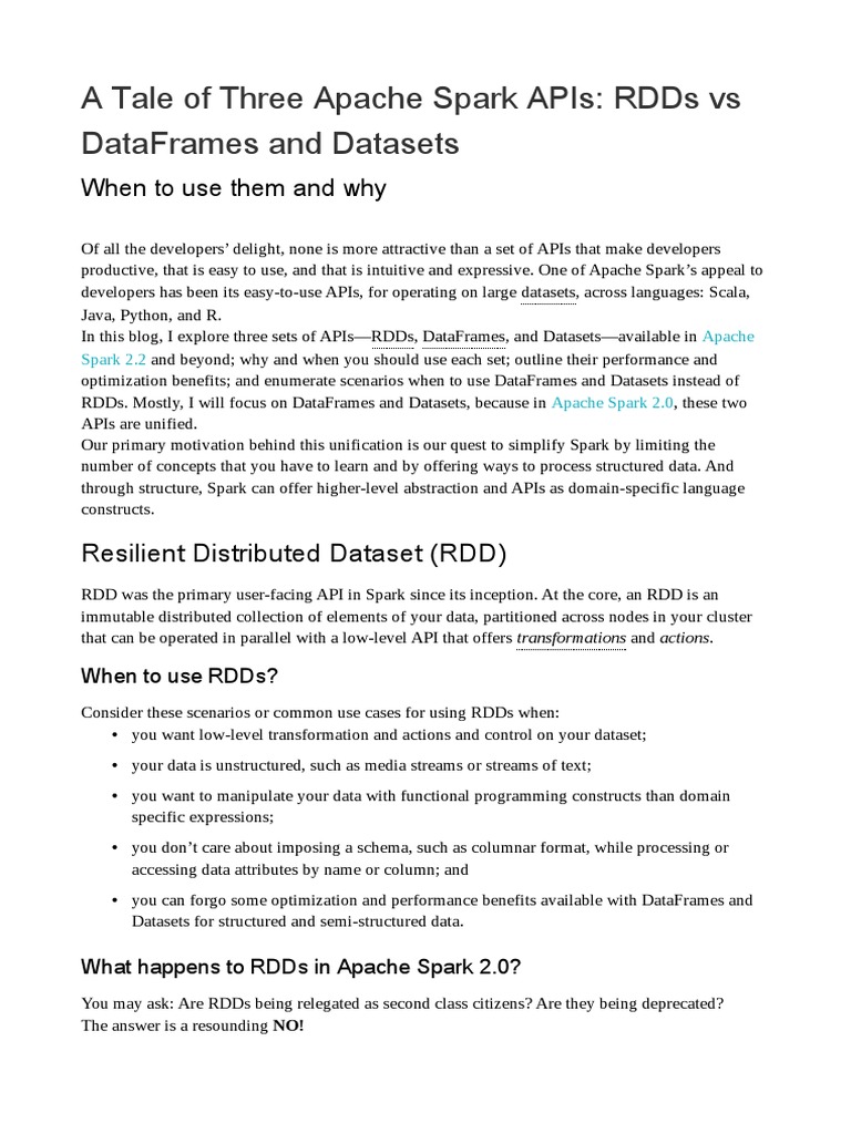 RDDs Vs DataFrames and Datasets | PDF | Apache Spark | Software Development