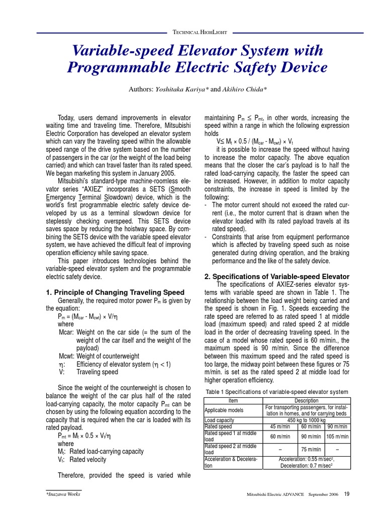 Variable-Speed Elevator System Overview | PDF | Elevator ...