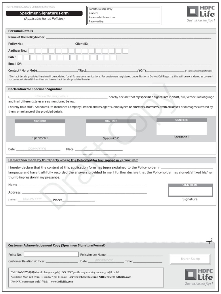 Specimen Signature Form for Policies | PDF | Insurance | Communication