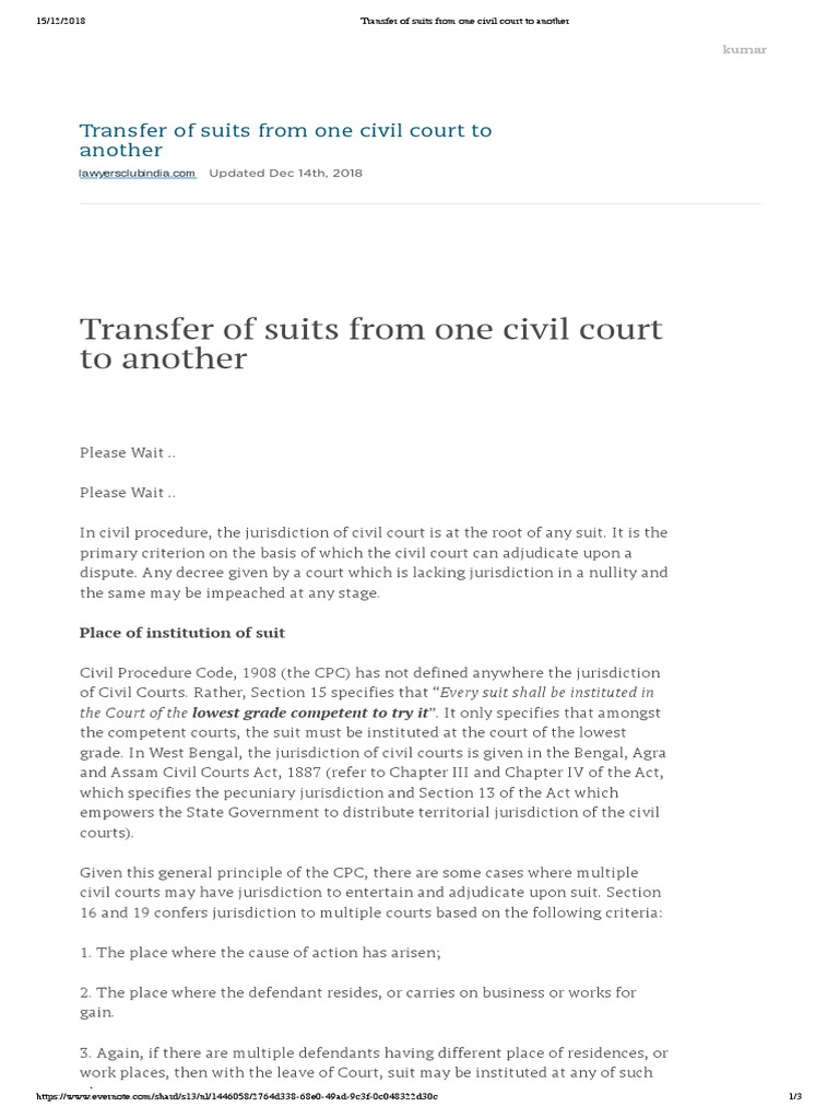 Transfer of Suits From One Civil Court to Another Lawsuit Jurisdiction Free 30day Trial