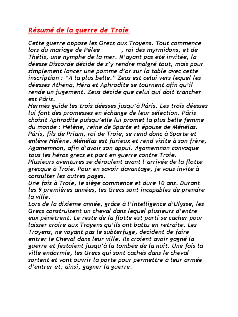 Resumé de La Guerre de Troie PDF