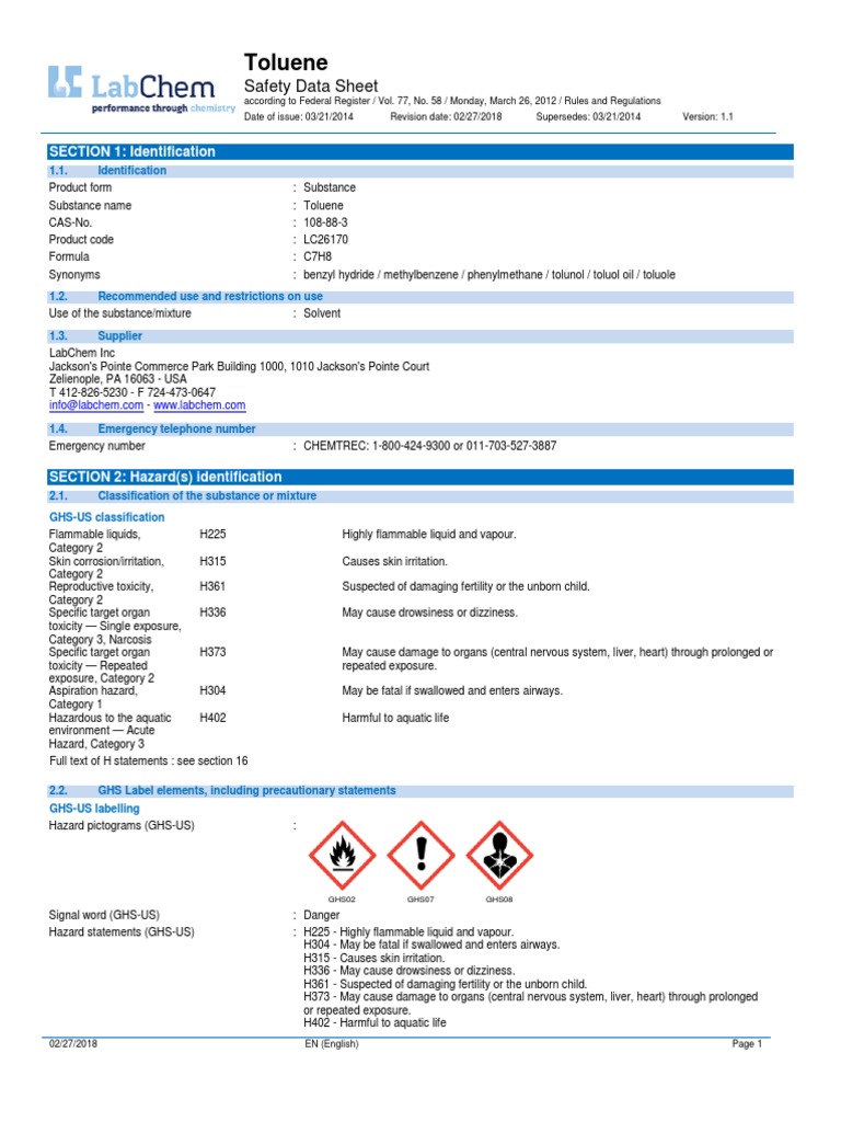 Toluene Safety Data Sheet PDF Toxicity Firefighting
