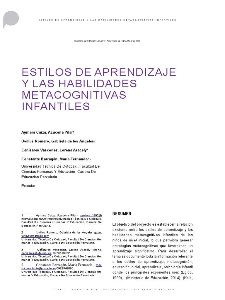 Estilos de Aprendizaje y Metacognición Infantil | PDF | Memoria ...
