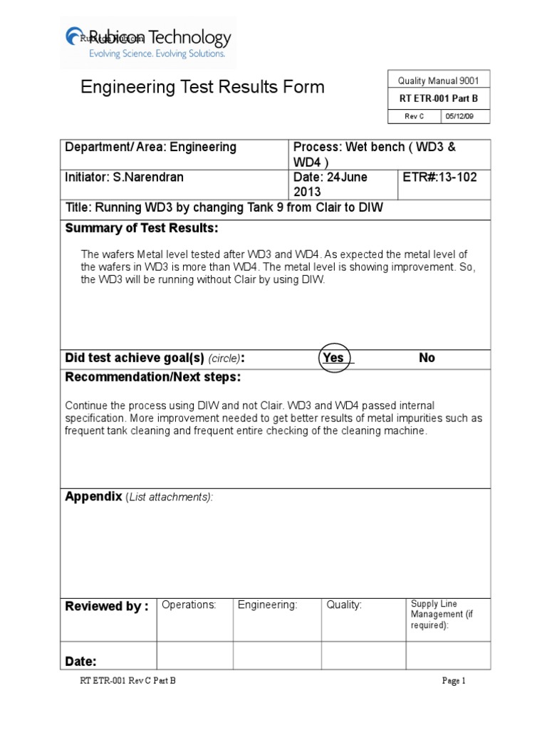 Engineering Test Results Form | PDF