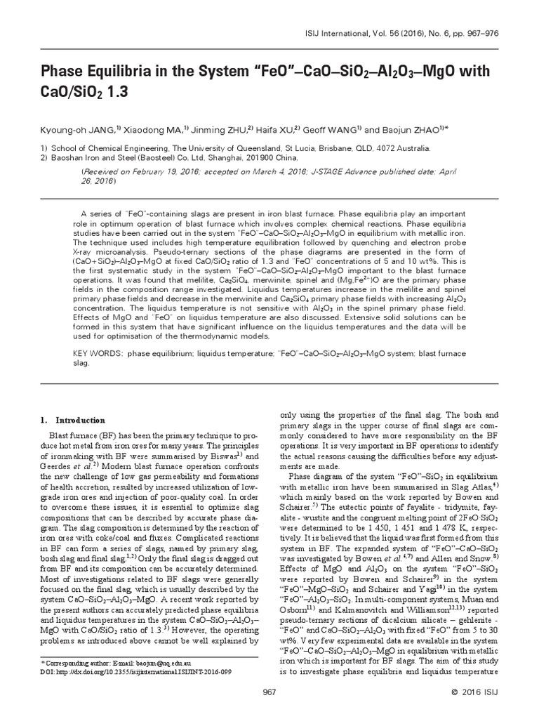 Phase Equilibria in The System "Feo"-Cao-Sio - Al O - Mgo With Cao/Sio ...