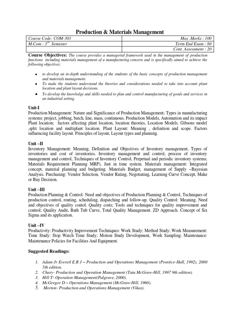 Production & Materials Management Course Objectives PDF Operations