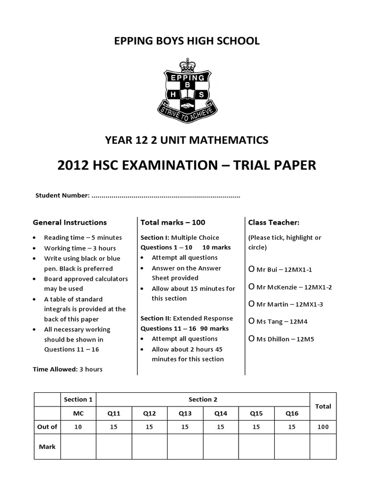 Epping Boys 2012 2U Trials & Solutions PDF Area Sine