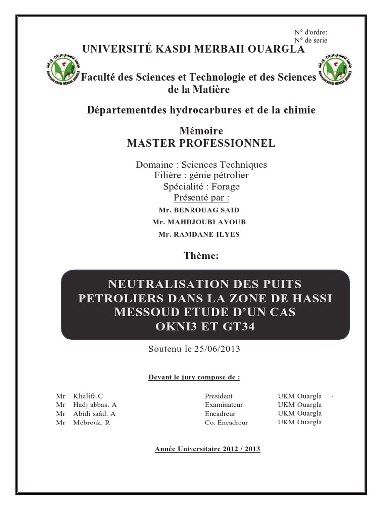 Neutralisation Des Puits Petroliers Dans La Zone de Hassi Messoud Etude ...