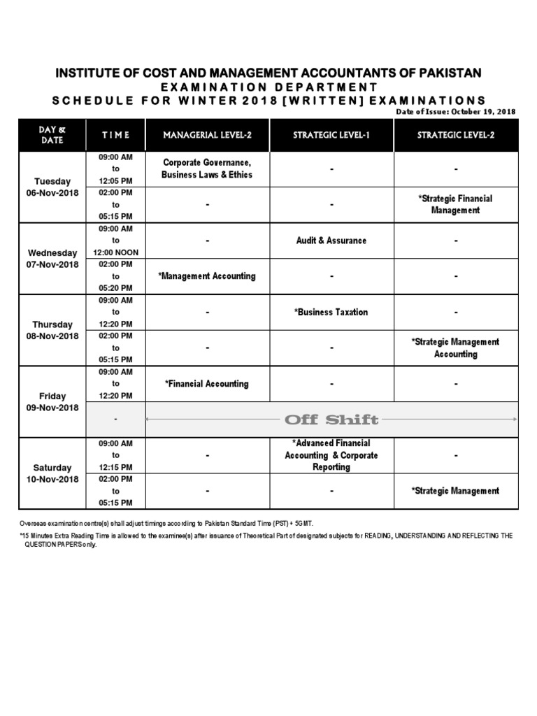 Winter 2018 Exam Schedule - ICMAP | PDF | Accounting | Service Industries