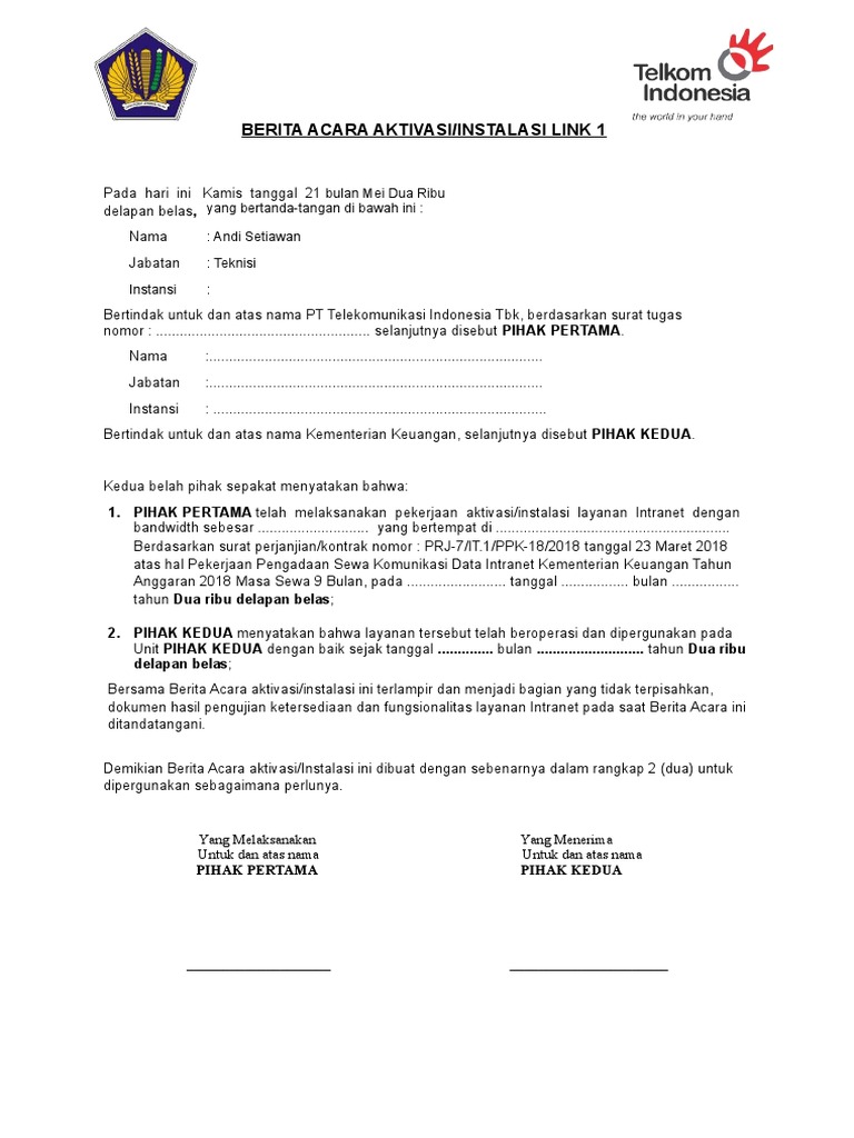 Ba Aktivasi Dan Bast Pemasangan Jaringan Intranet Kemenkeu 9 Bulan Template By Daa