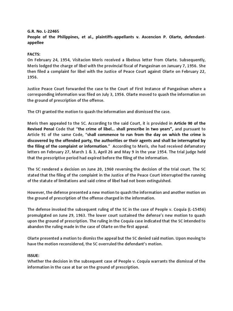 People V Olarte PDF Defamation Statute Of Limitations