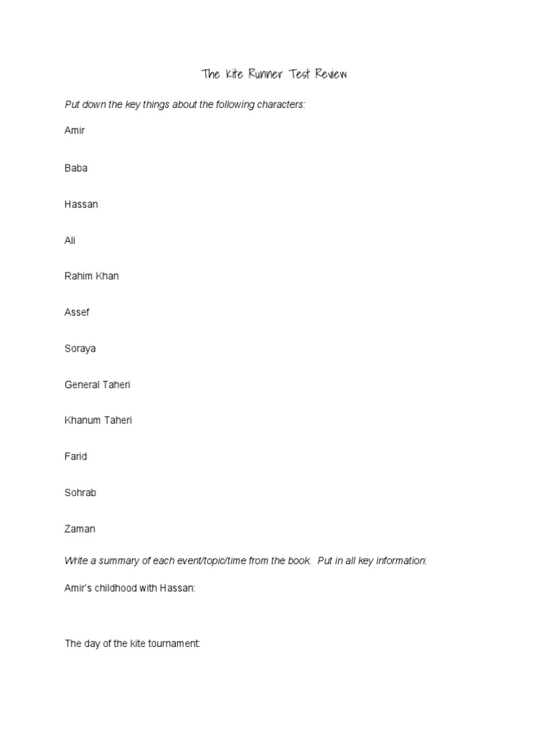 The Kite Runner Test Review 1 | PDF