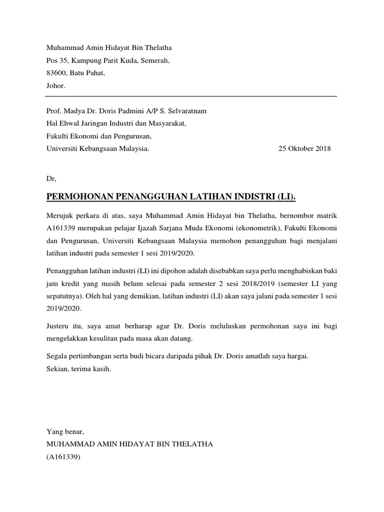 Contoh Surat Penangguhan Bayaran Semester