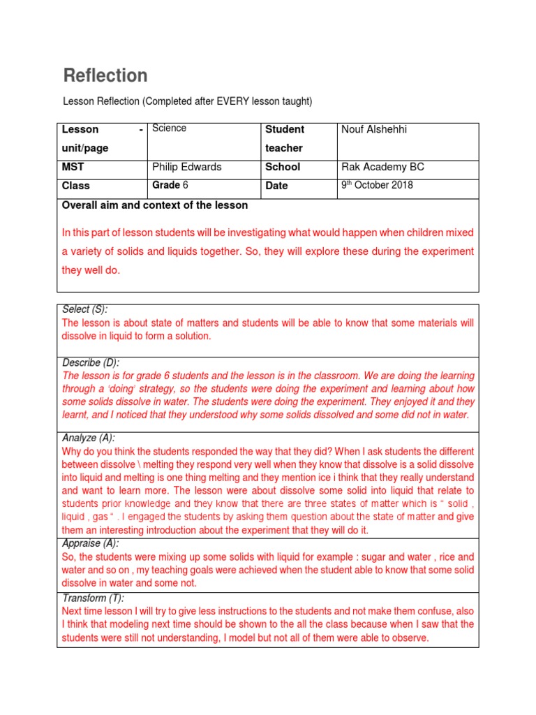 Lesson Reflection1 | PDF | Teachers | Experiment