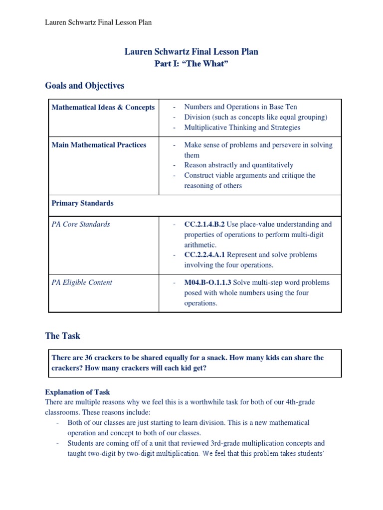 4th Grade Division Lesson Plan | PDF | Division (Mathematics) | Lesson Plan