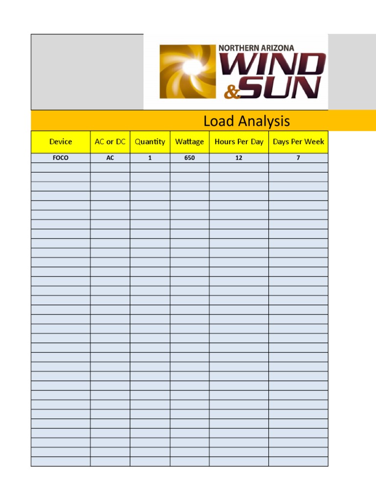 Load Analysis Device AC or DC Quantity Wattage Hours Per Day Days Per Week PDF Kilowatt