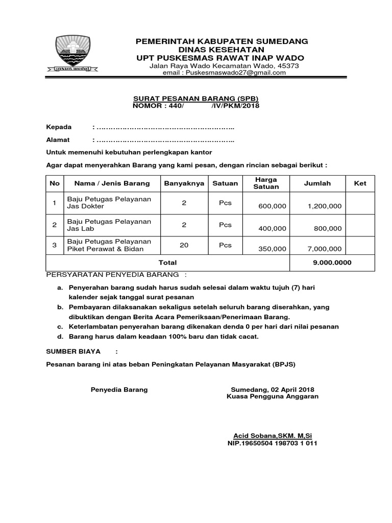 Contoh Surat Pesanan Barang