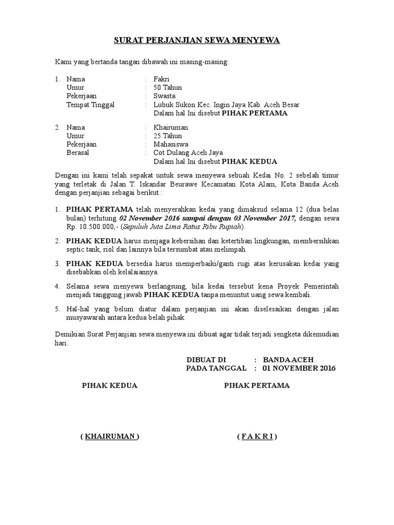 Surat Perjanjian Sewa Menyewa