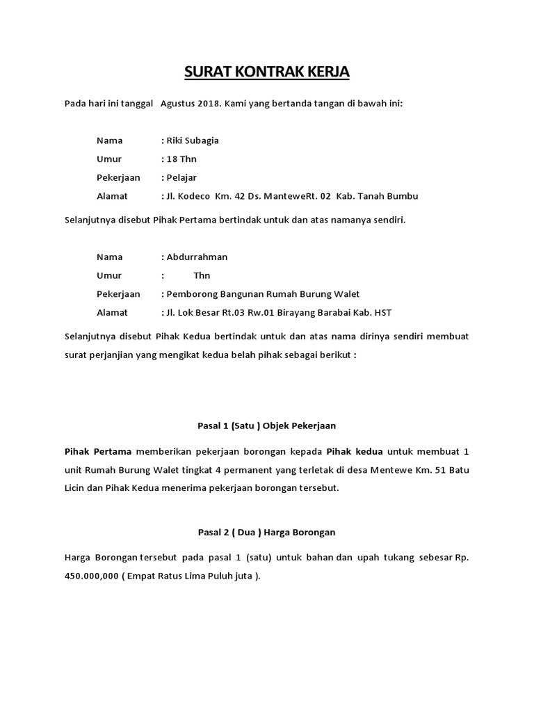 Contoh Surat Kontrak Kerja Tukang