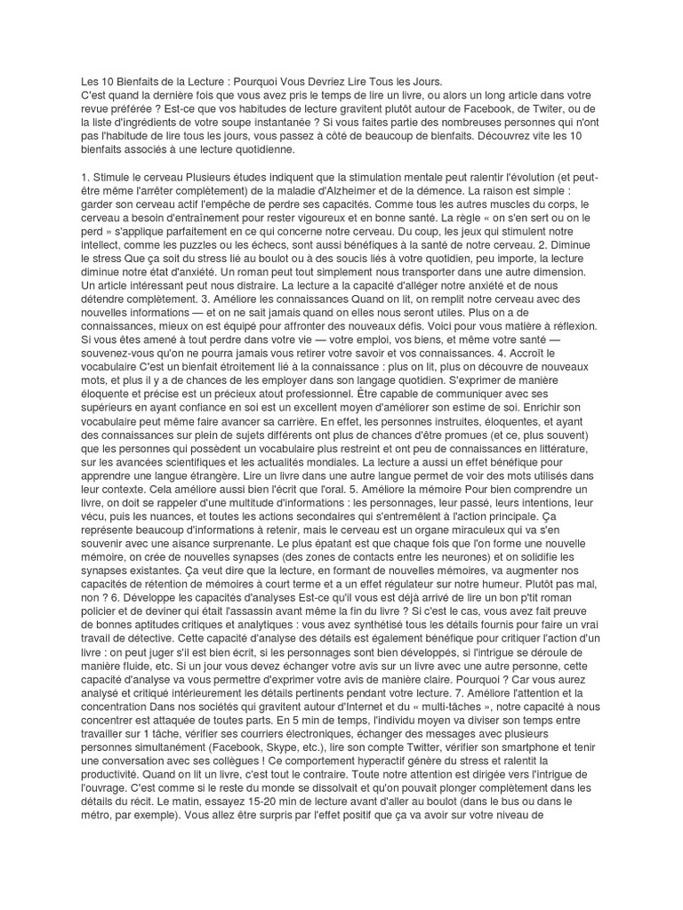 Les Bienfaits Quotidiens de la Lecture | PDF | Lexique | Cerveau