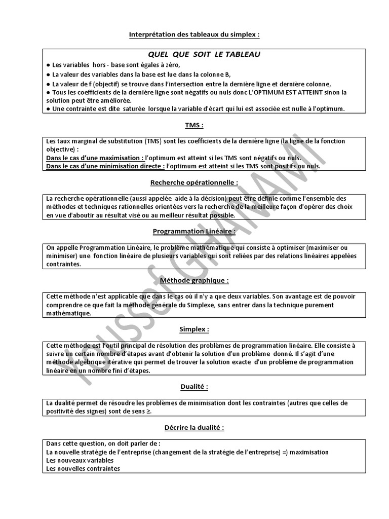 Interprétation des Tableaux du Simplex | PDF | Optimisation linéaire ...