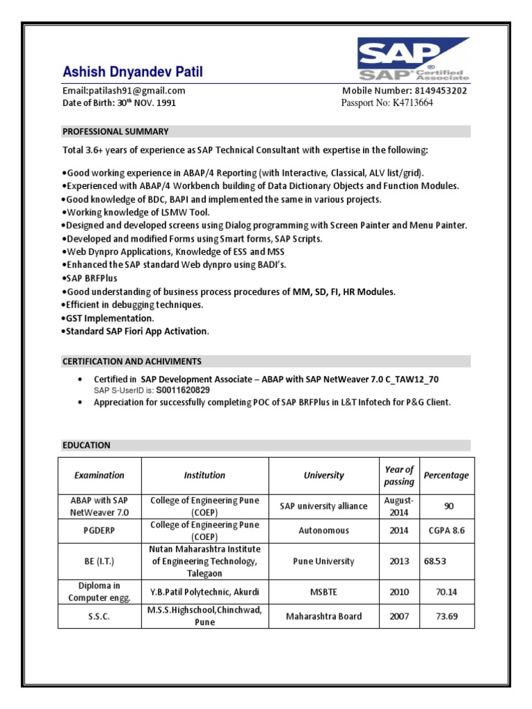 Sap abap sample resume pdf sap se information technology