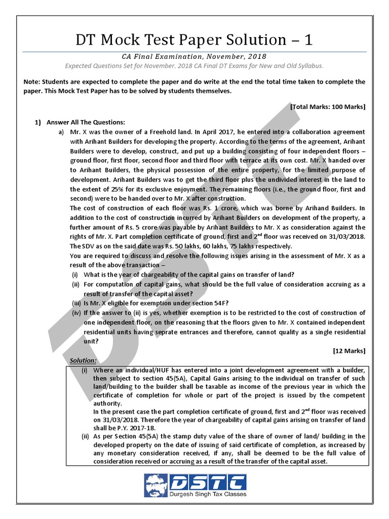 DT Mock Test Paper Solution 1-2 | PDF | Capital Gains Tax | Expense