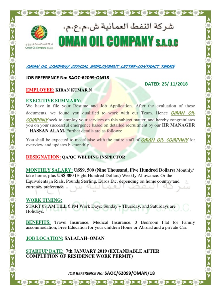Oman Oil Company Employment Letter PDF Employment Travel Visa