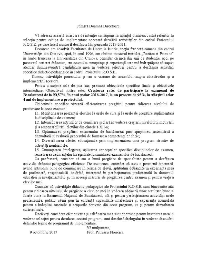 Scrisoare de Intentie PT Echipa de Implementare | PDF