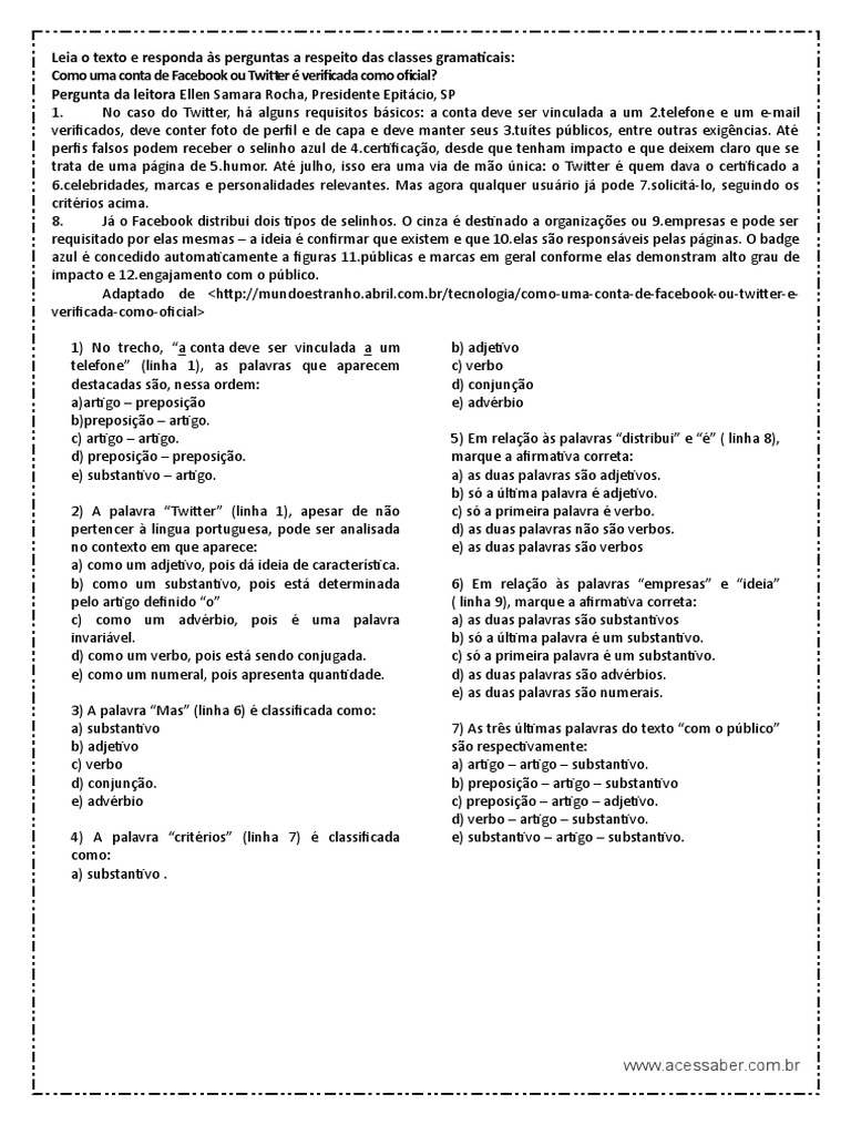 Atividade Classes Gramaticais Avaliaçao de Portugues 1º Ano Ensino ...