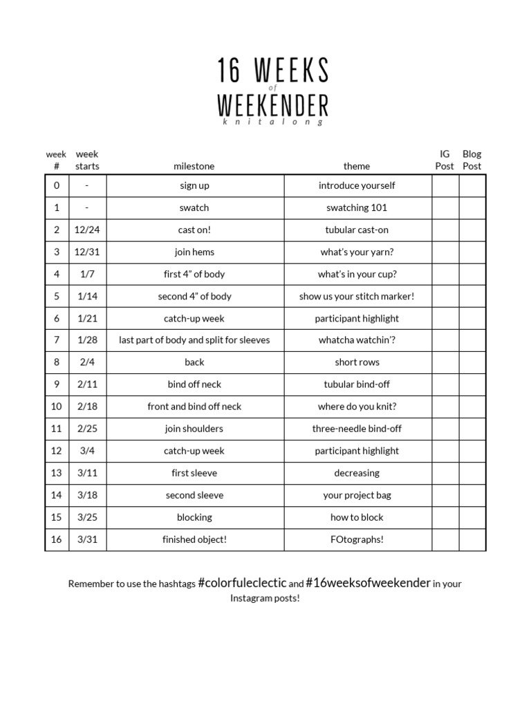16 Weeks of Weekender Checklist v2 | PDF | Decorative Arts | Knitting
