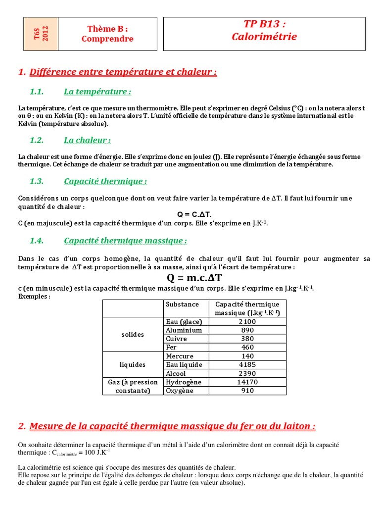 Tpb13 Calorimetrie Transfert Thermique Capacite Thermique