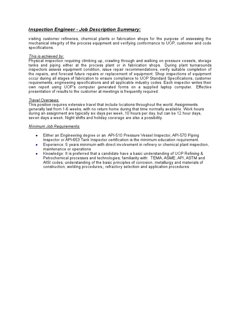 Inspection Engineer Job Description Summary This Is Achieved by PDF