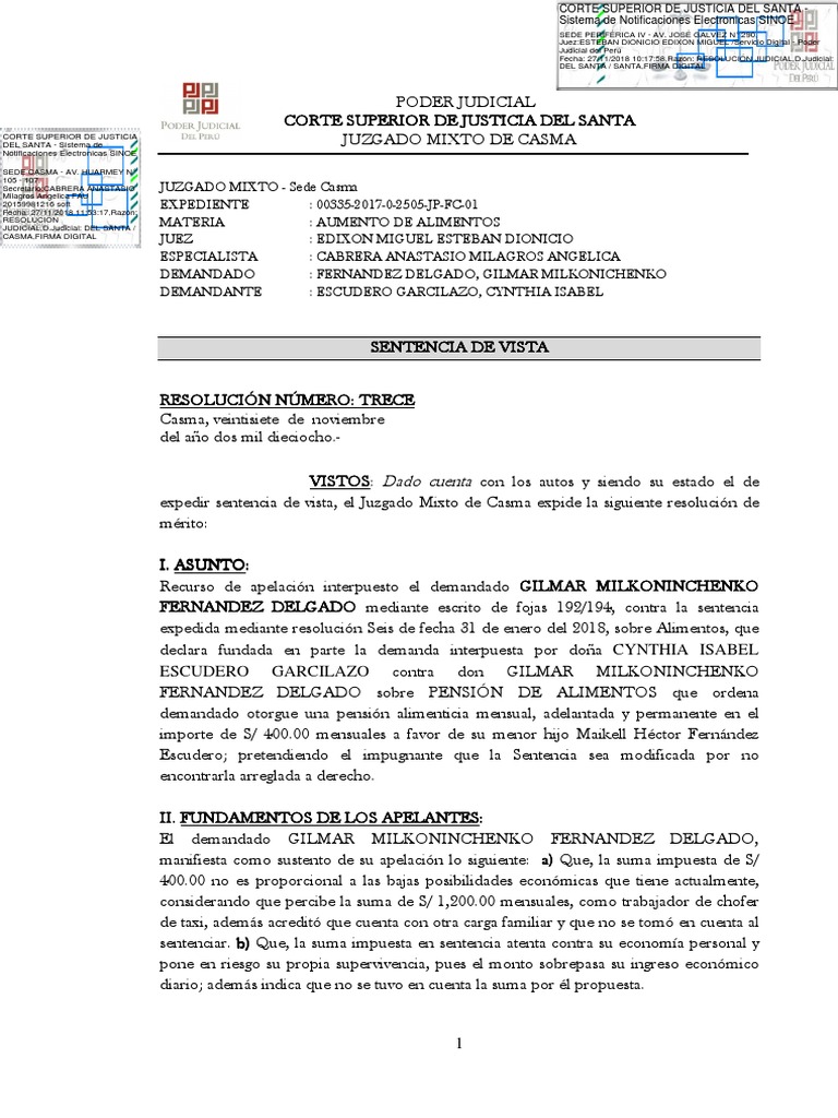 Sentencia de Vista Alimentos PDF Manutención de los hijos