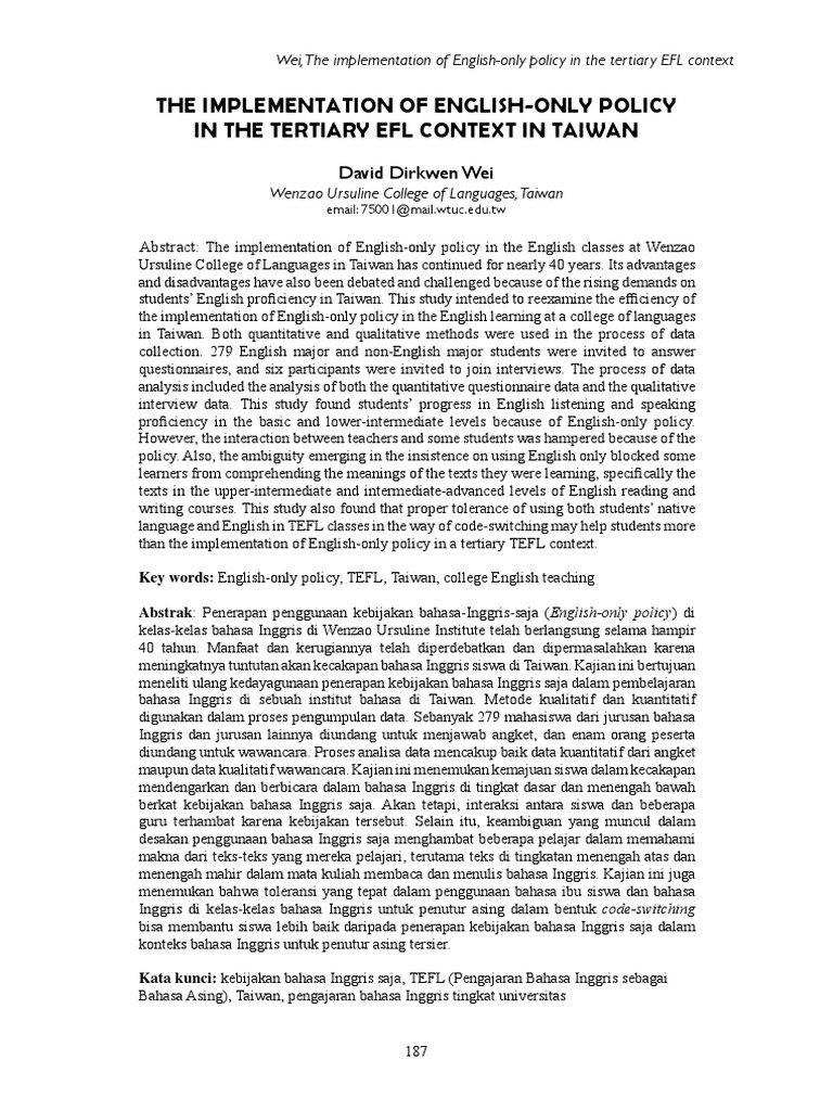 English-Only Policy in Taiwan's EFL Education | PDF | English As A ...
