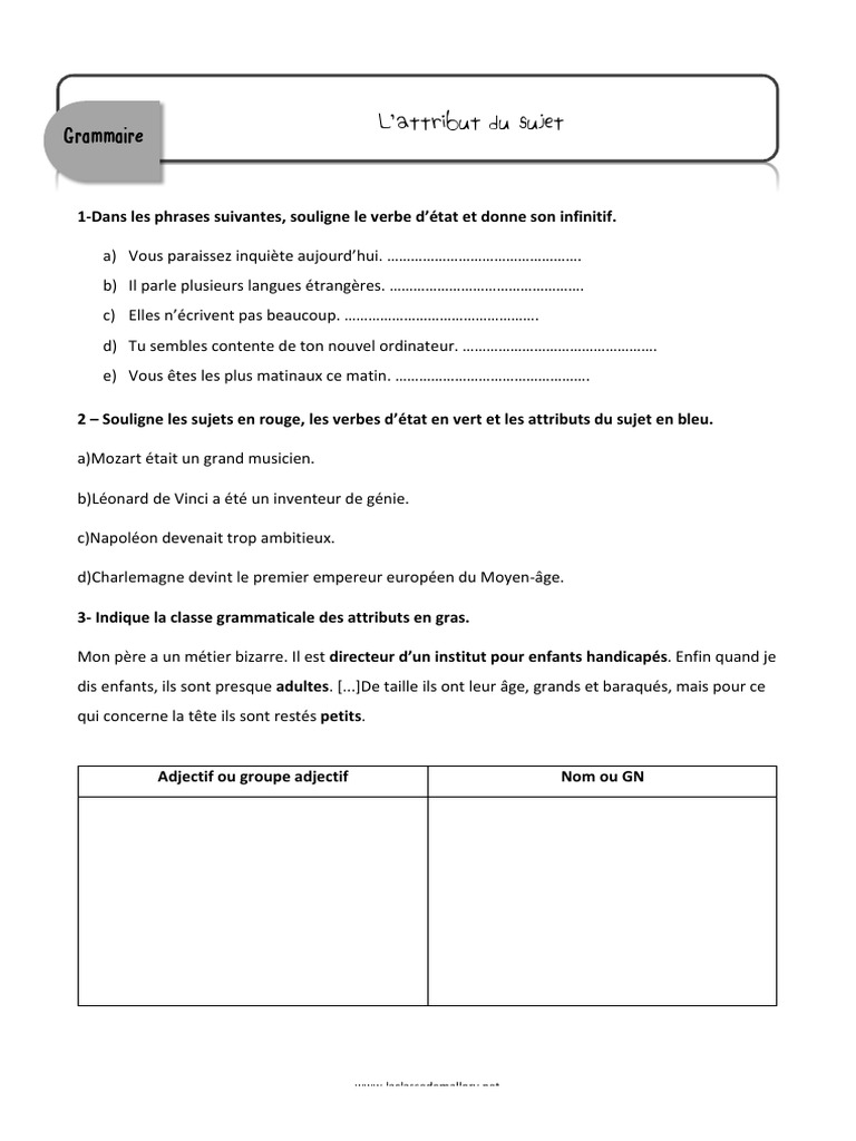 Exercice Attribut Du Sujet 6ème Avec Correction Attribut Du Sujet | PDF