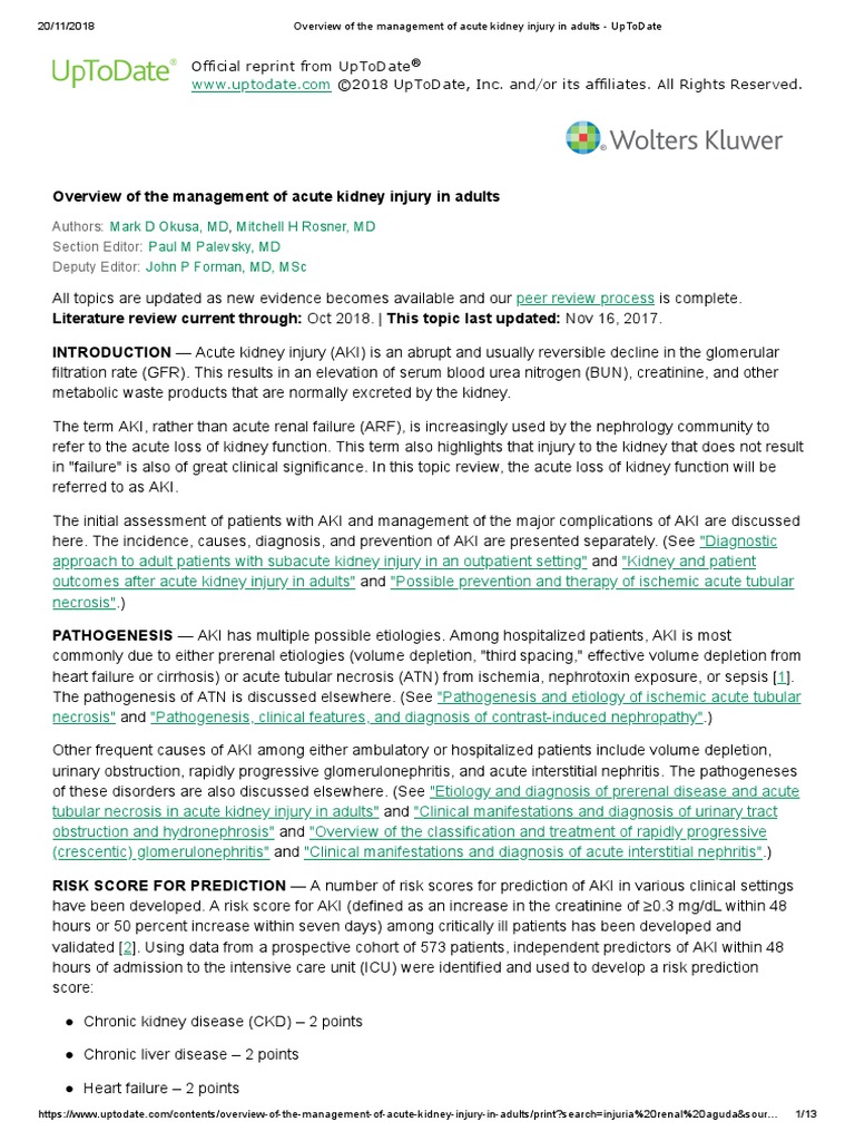 Overview of The Management of Acute Kidney Injury in Adults - UpToDate ...