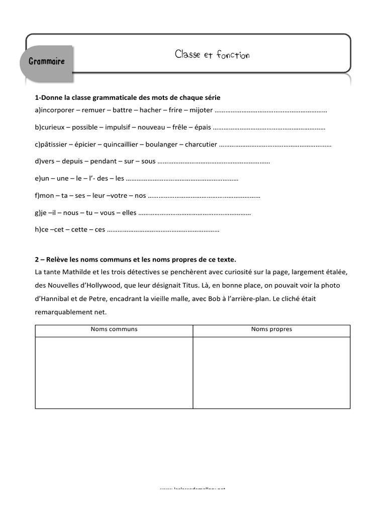 Exercice Classe Grammaticale 6ème à Imprimer Classe Et Fonction | PDF | Typologie linguistique | Mécanique du langage