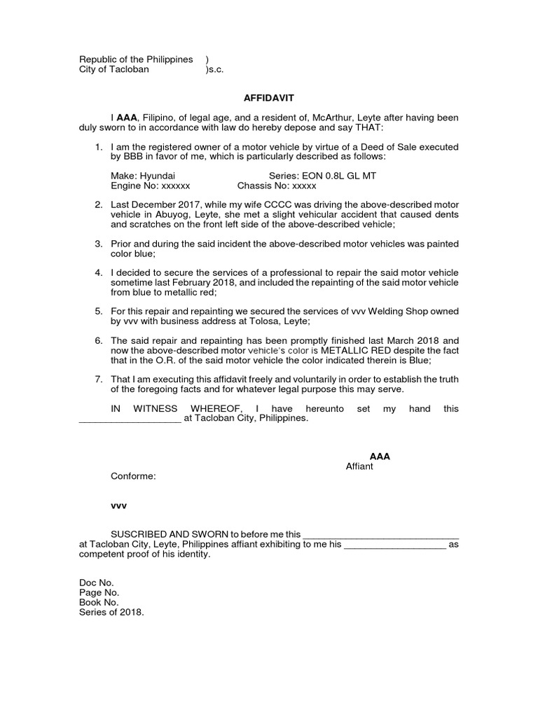 Affidavit of Change of Color