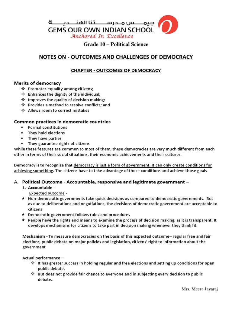Outcomes and Challenges of Democracy | PDF | Democracy | Political ...