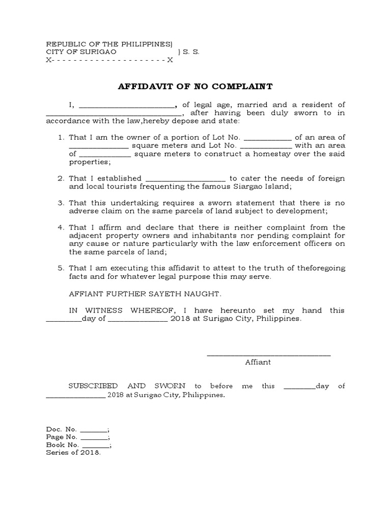 Affidavit of No Complaint Affidavit Common Law