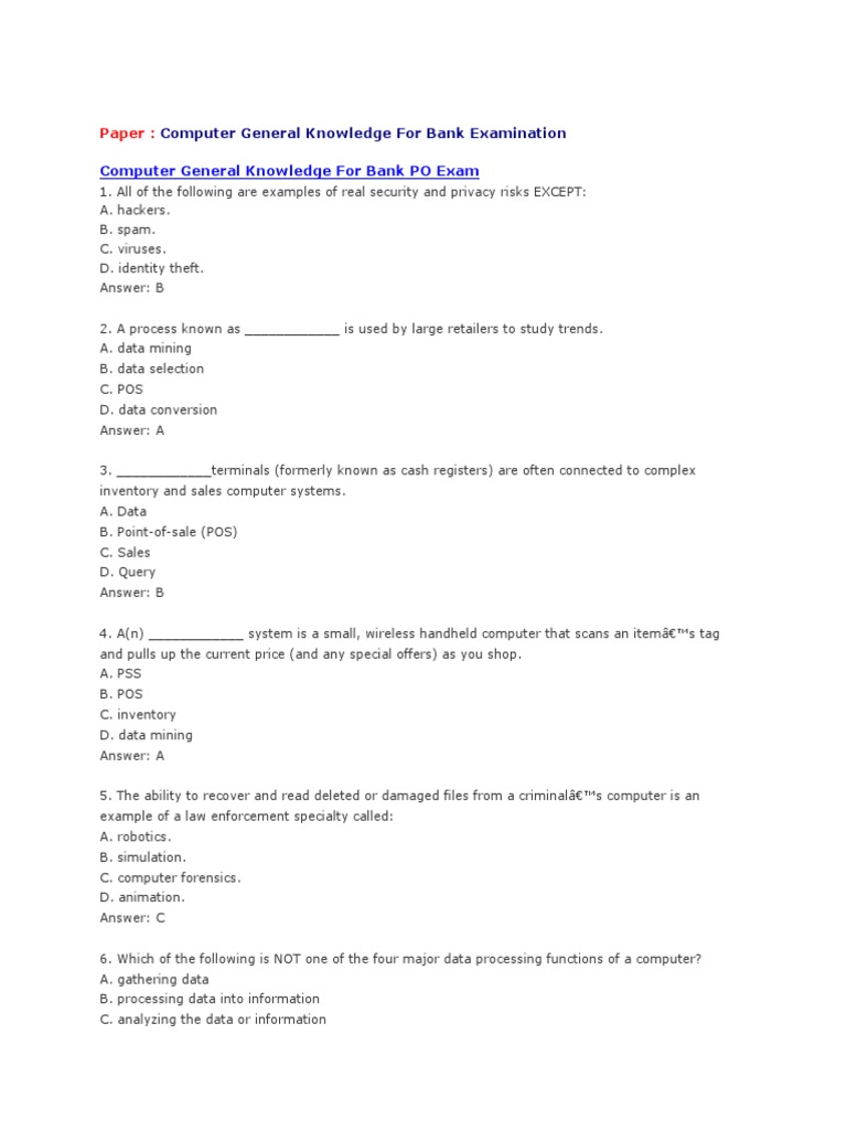 Computer General Knowledge For Bank PO Exam | PDF