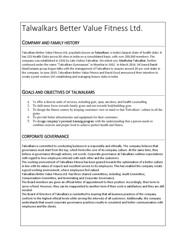 Talwalkars Fitness: Family Legacy & Growth | PDF | Corporate Governance ...