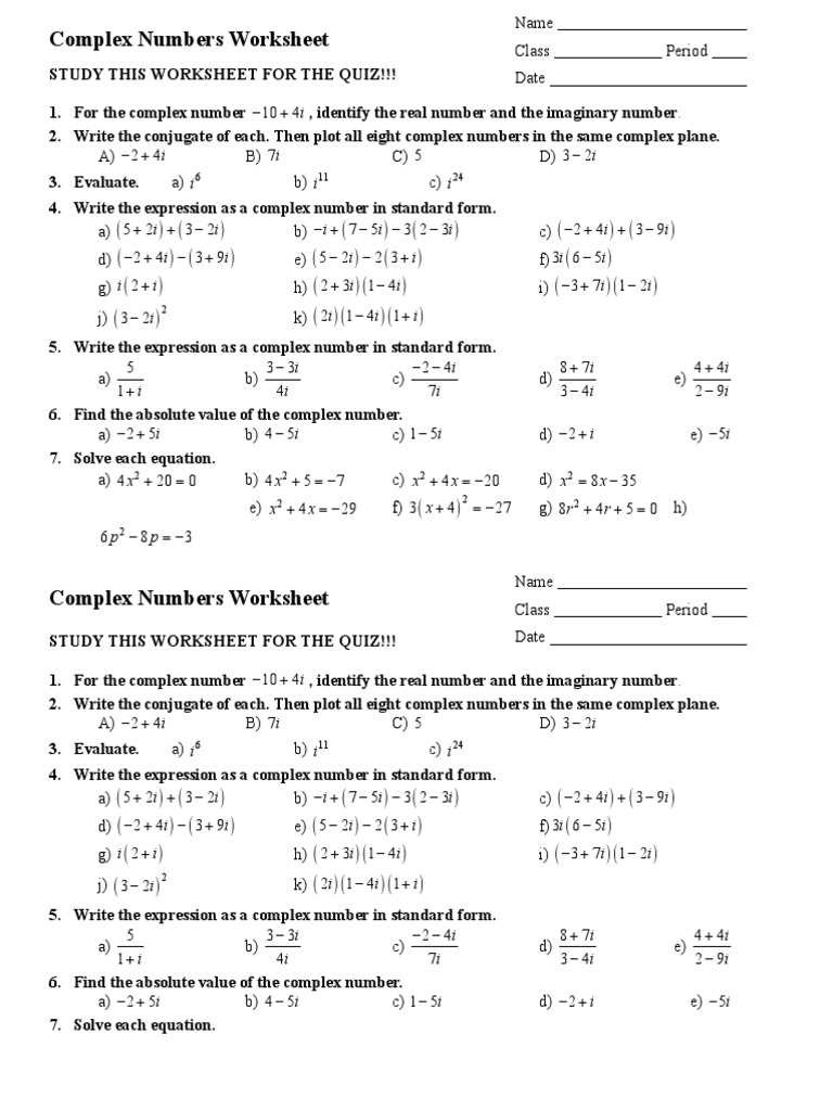 Plex Numbers Worksheet Doc Plex Number Numbers