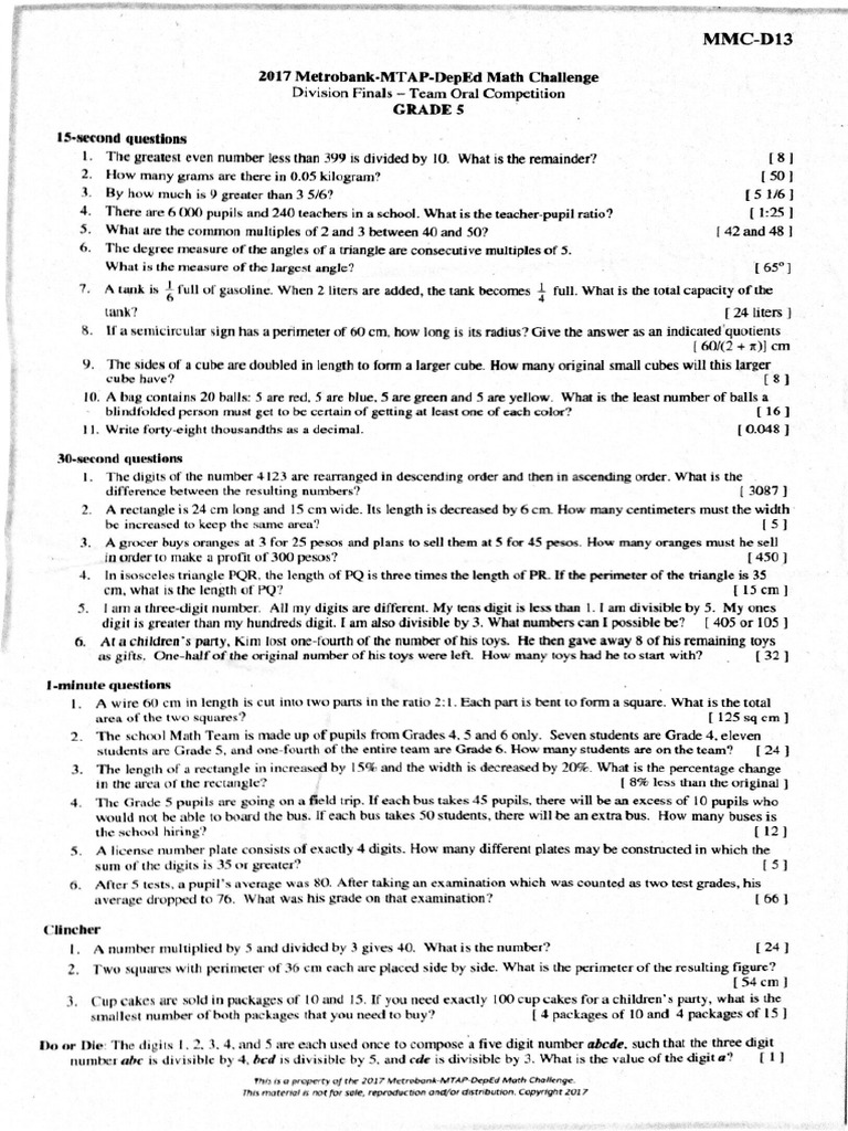 metro bank mtap deped math challenge questions 5th