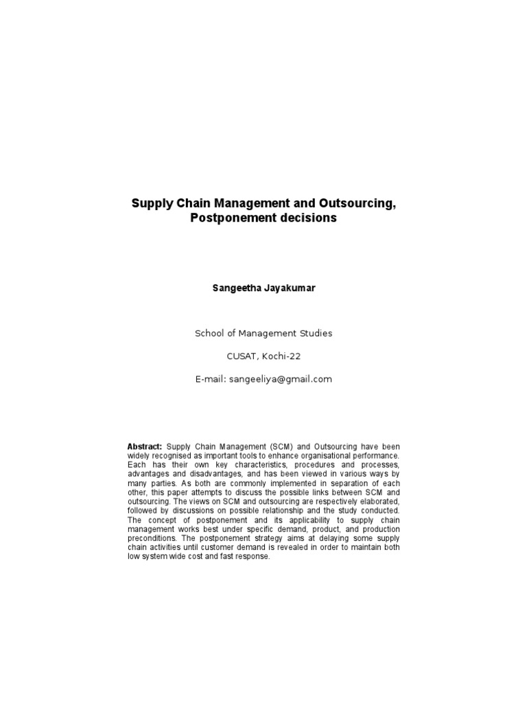 Postponement in Supply Chain Strategy | PDF | Outsourcing | Supply Chain