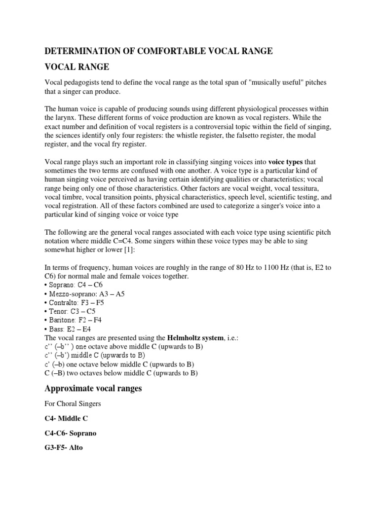 Determination Of Comfortable Vocal Range Singing Music Performance