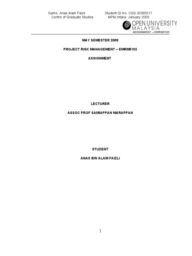 Assignment Project Risk Management - MR Anas Alam Faizli | PDF | Risk ...