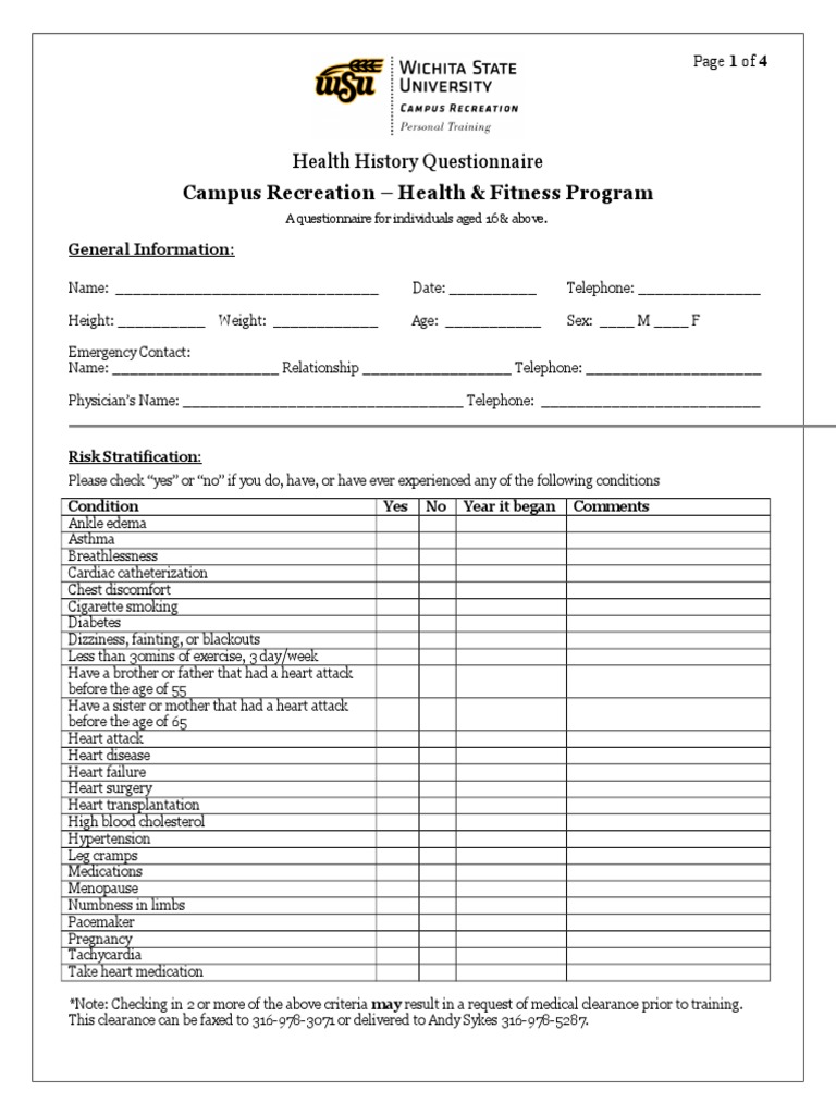 Personal Training Health History Questionaire | PDF | Personal Trainer ...