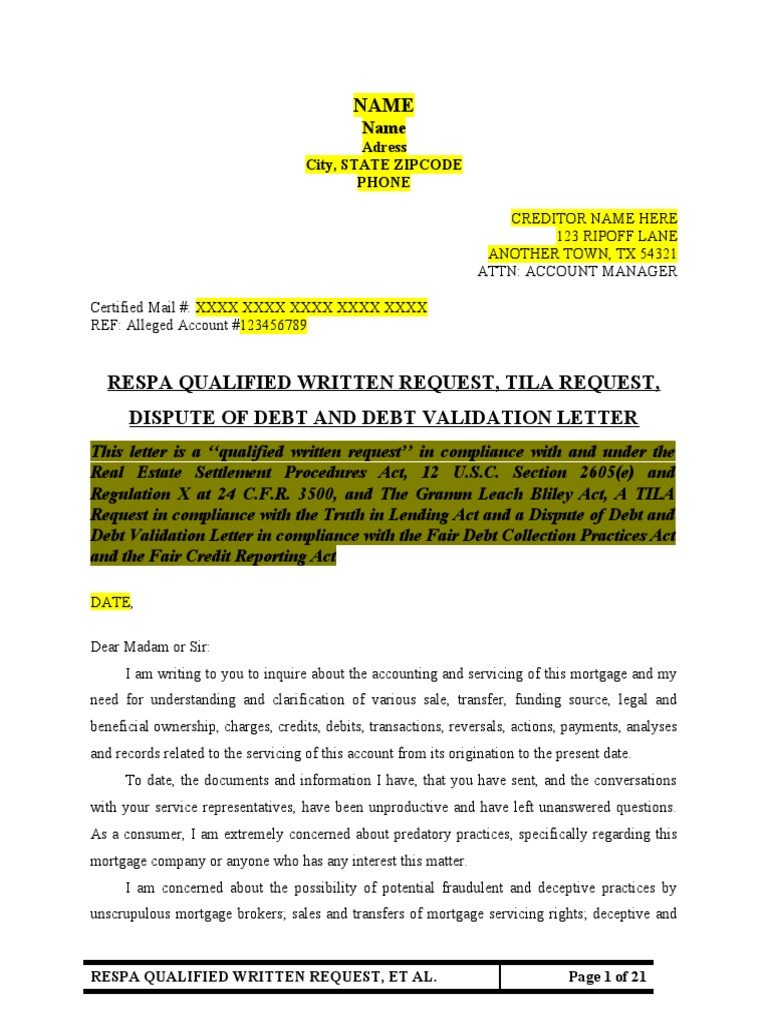 Respa Qualified Written Request PDF Truth In Lending Act Mortgage